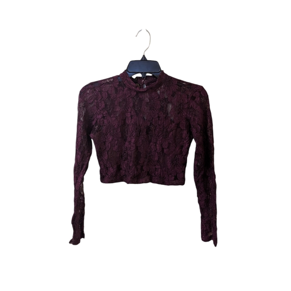Kardashian Kollection Sexy Mesh Lace Long Sleeve Crop Top Medium Maroon Burgundy